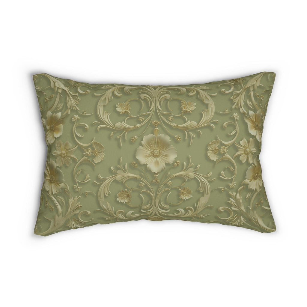 Elegant French Floral Lumbar Pillow - Sage Green with Pale Gold Intricate Design