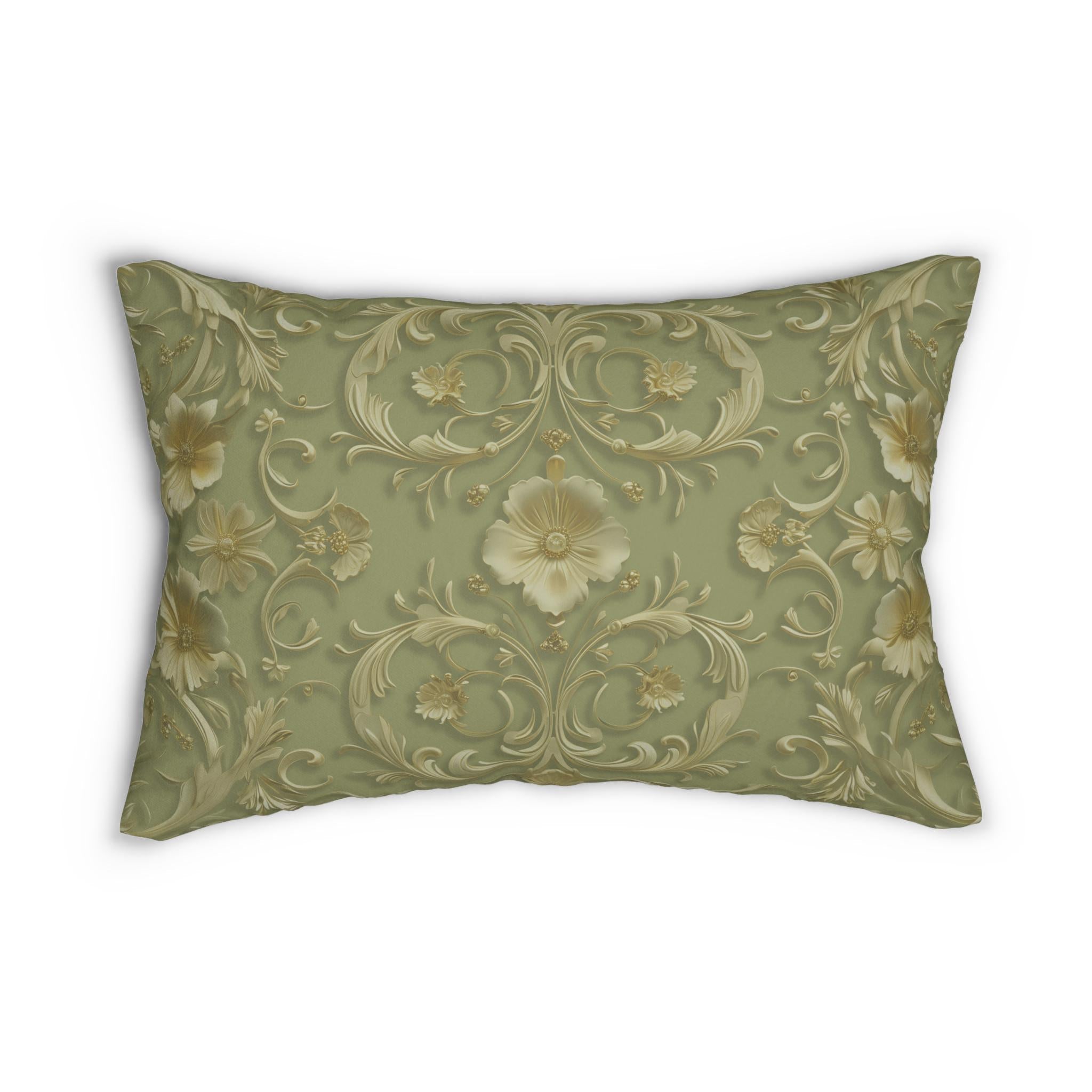 Elegant French Floral Lumbar Pillow - Sage Green with Pale Gold Intricate Design