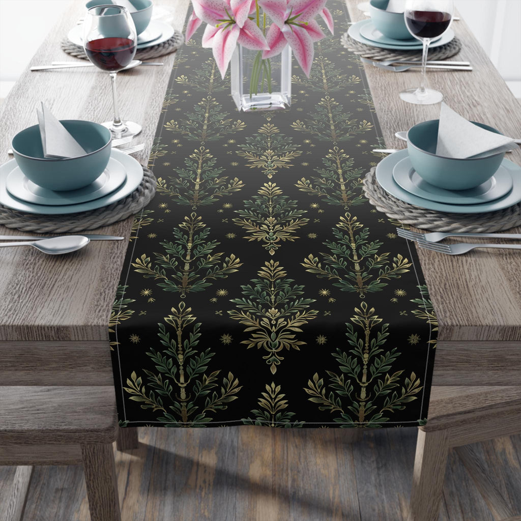 William Morris Christmas Tree Luxury Table Runner, Green & Gold on Black Elegant Christmas Holiday and Winter Decor