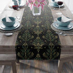 William Morris Christmas Tree Luxury Table Runner, Green & Gold on Black Elegant Christmas Holiday and Winter Decor