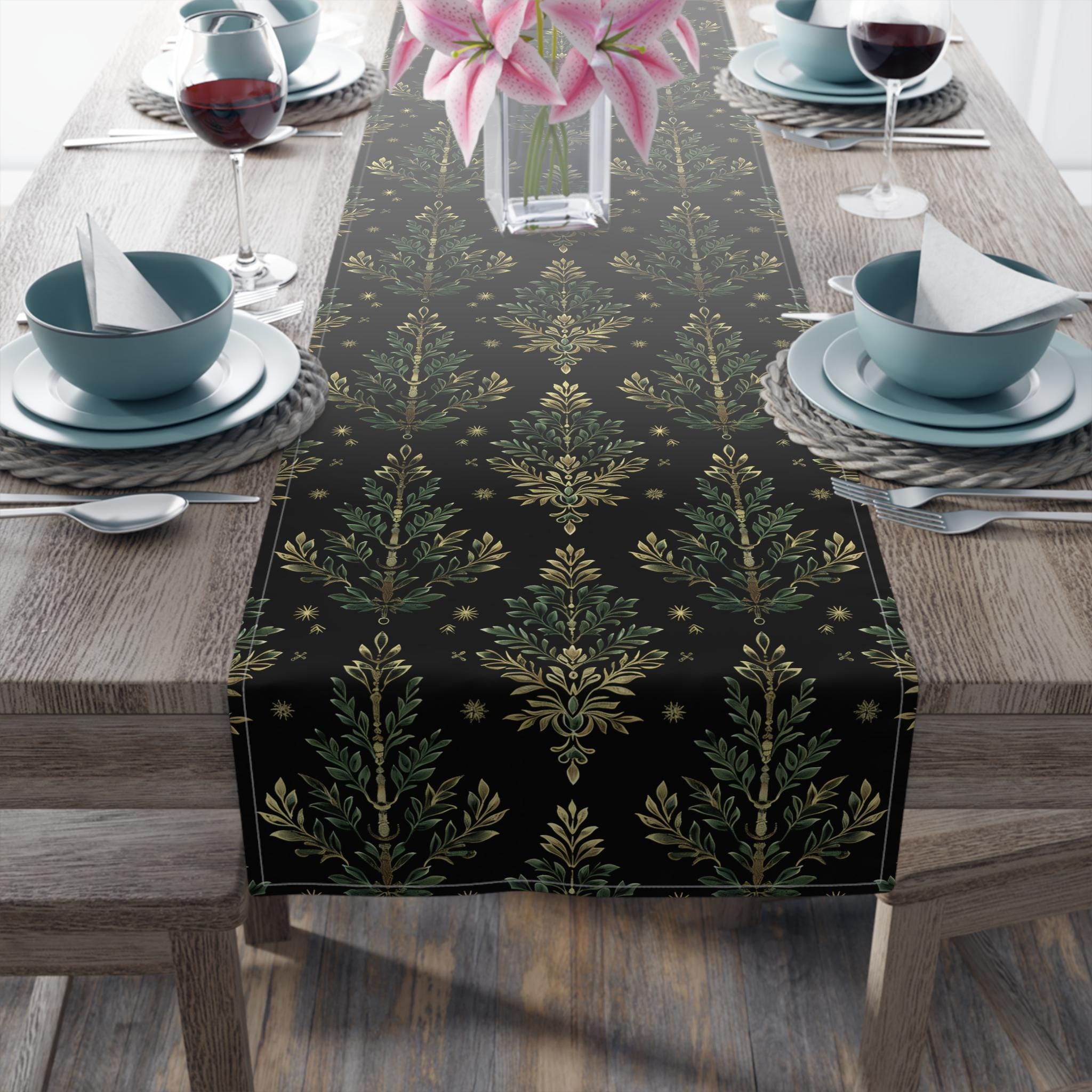 William Morris Christmas Tree Luxury Table Runner, Green & Gold on Black Elegant Christmas Holiday and Winter Decor