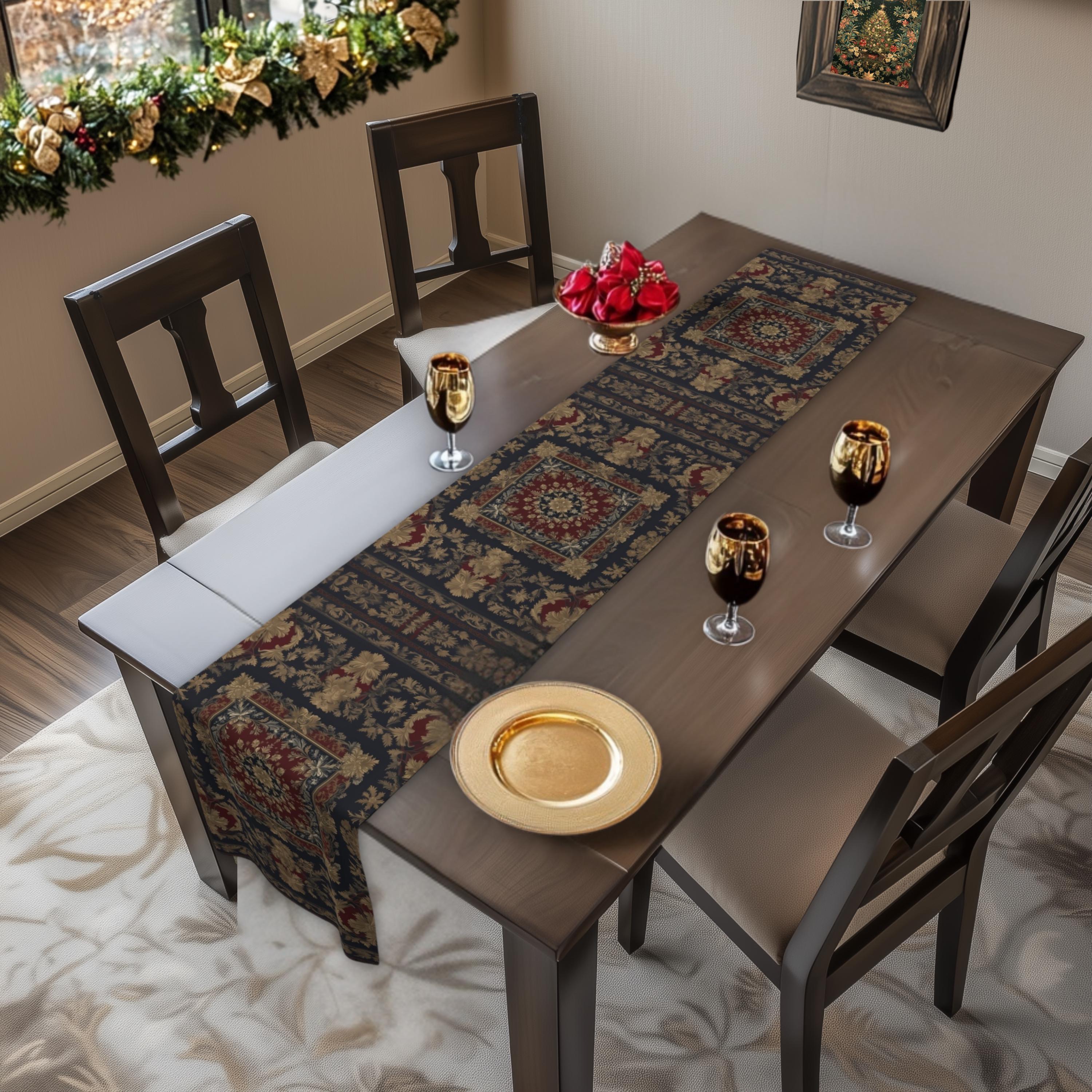 Elegant Vintage-Inspired Table Runner: Gold, Burgundy & Navy Luxury Design Antique-Style Home Decor