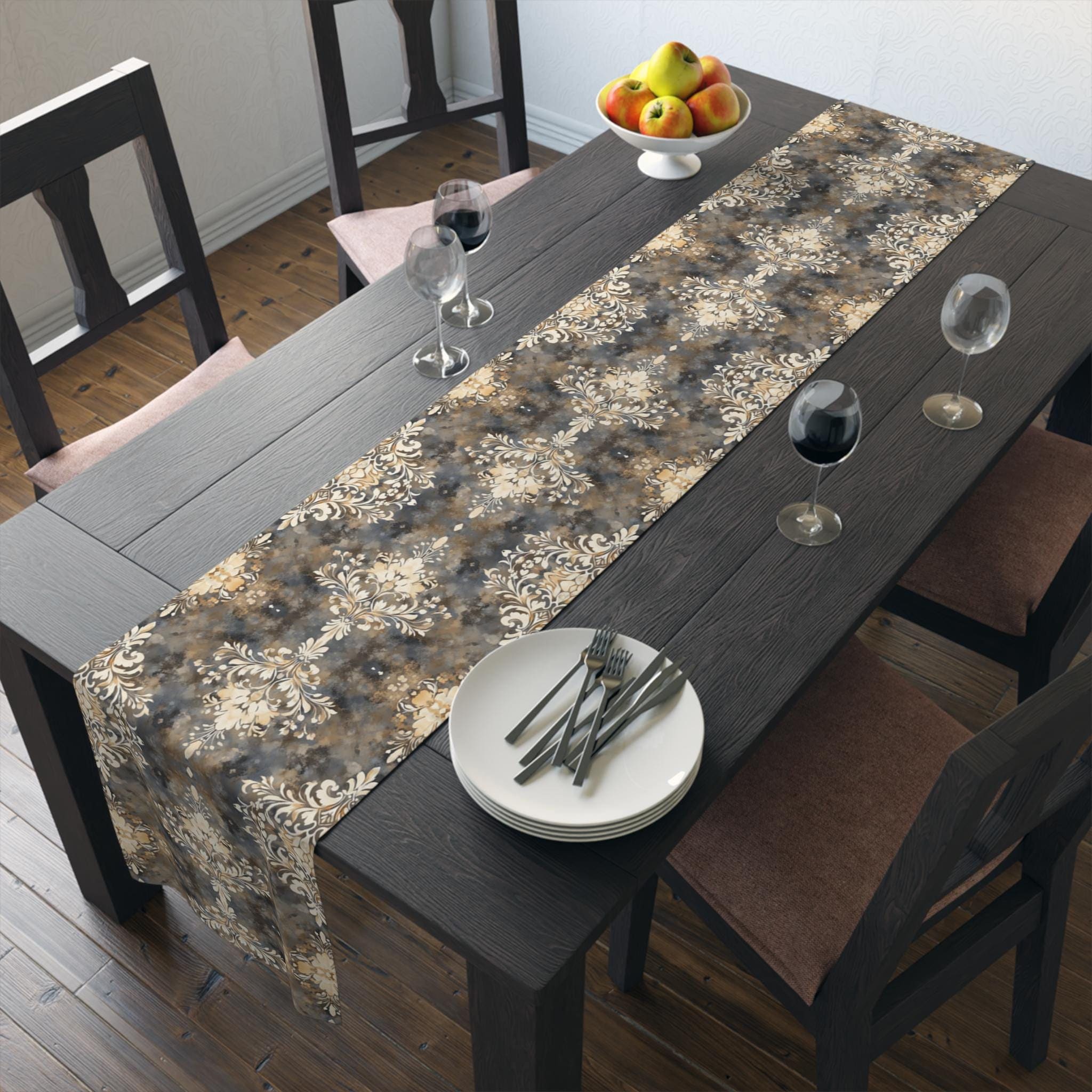 Vintage-Inspired Damask Table Runner: Elegant Cream & Gray Floral Design for Soft Dining Room Decor