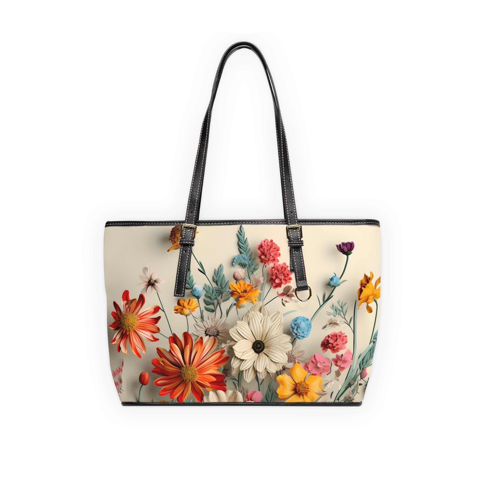 Vintage-Inspired Wildflower Shoulder Bag: Oversized PU Leather Tote with Artistic Floral Design
