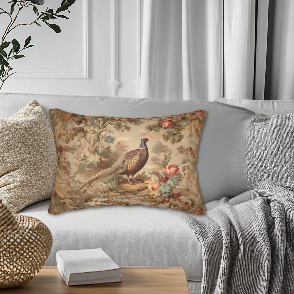 French Country Pheasant Lumbar Pillow: Vintage Style Toile Bird Design