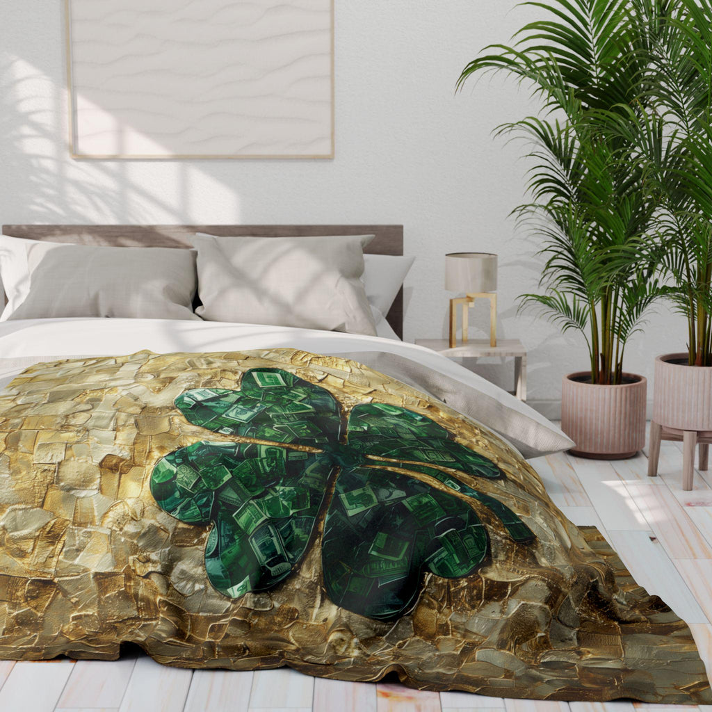 St Patrick's Day Lucky Clover Fleece Blanket - Green and Gold Irish Heritage Throw for Wealth & Fortune
