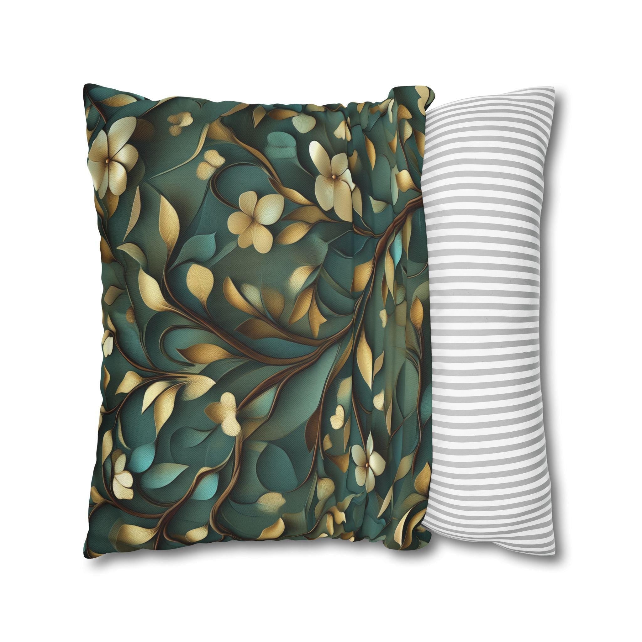 Luxurious William Morris Inspired Floral Pillowcase: Green & Gold Botanical Square Cushion Cover