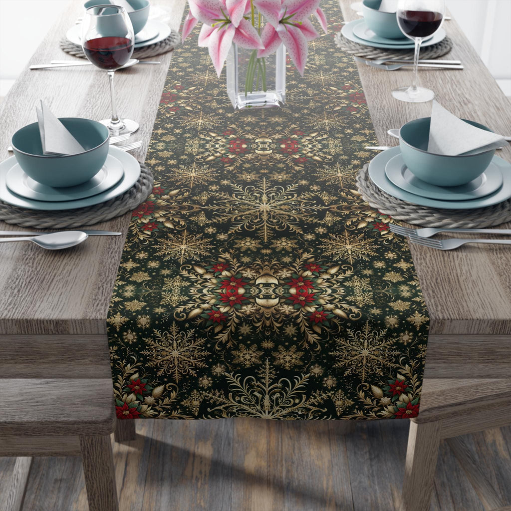 Elegant Christmas Table Runner: Gold Snowflake Poinsettia Pattern for Festive Holiday Dining Decor