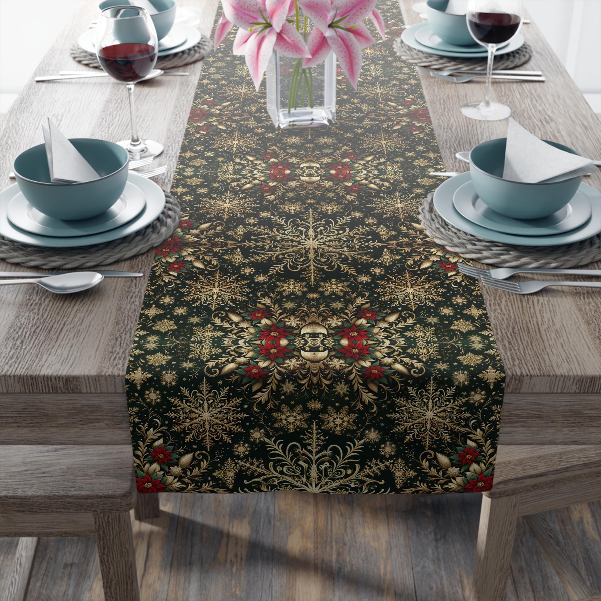 Elegant Christmas Table Runner: Gold Snowflake Poinsettia Pattern for Festive Holiday Dining Decor