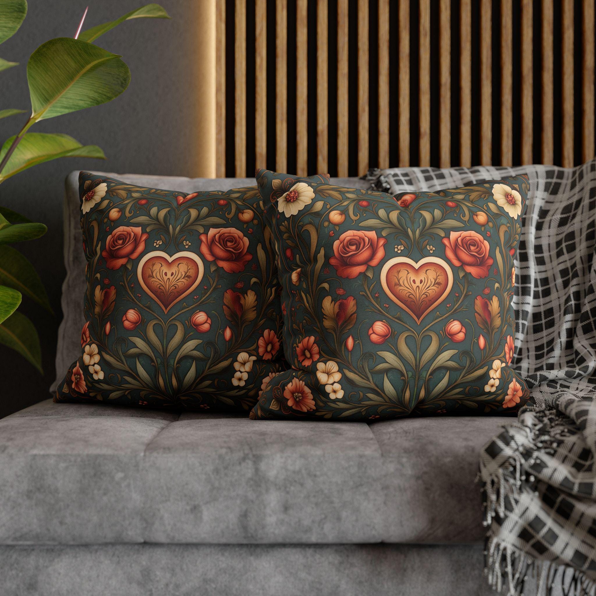 William Morris Inspired Valentines Heart Pillow Cover: Arts & Crafts Love Botanical