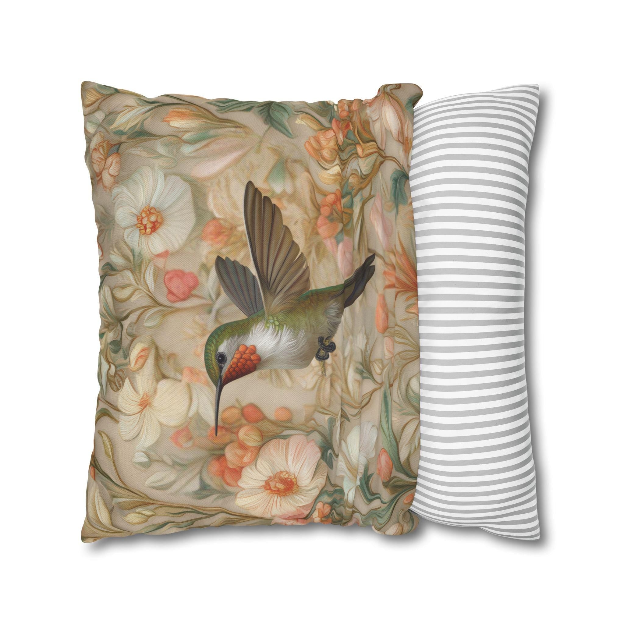 William Morris Hummingbird Pillow Cover: Peach Vintage Style Garden Cushion