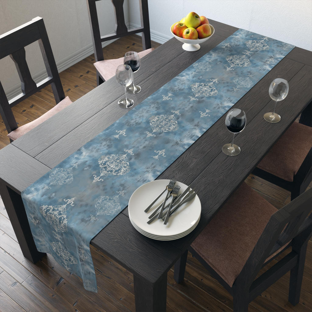 Elegant Silvery White Damask Table Runner: Soft Blue & Gray Classic Pattern for Sophisticated Dining