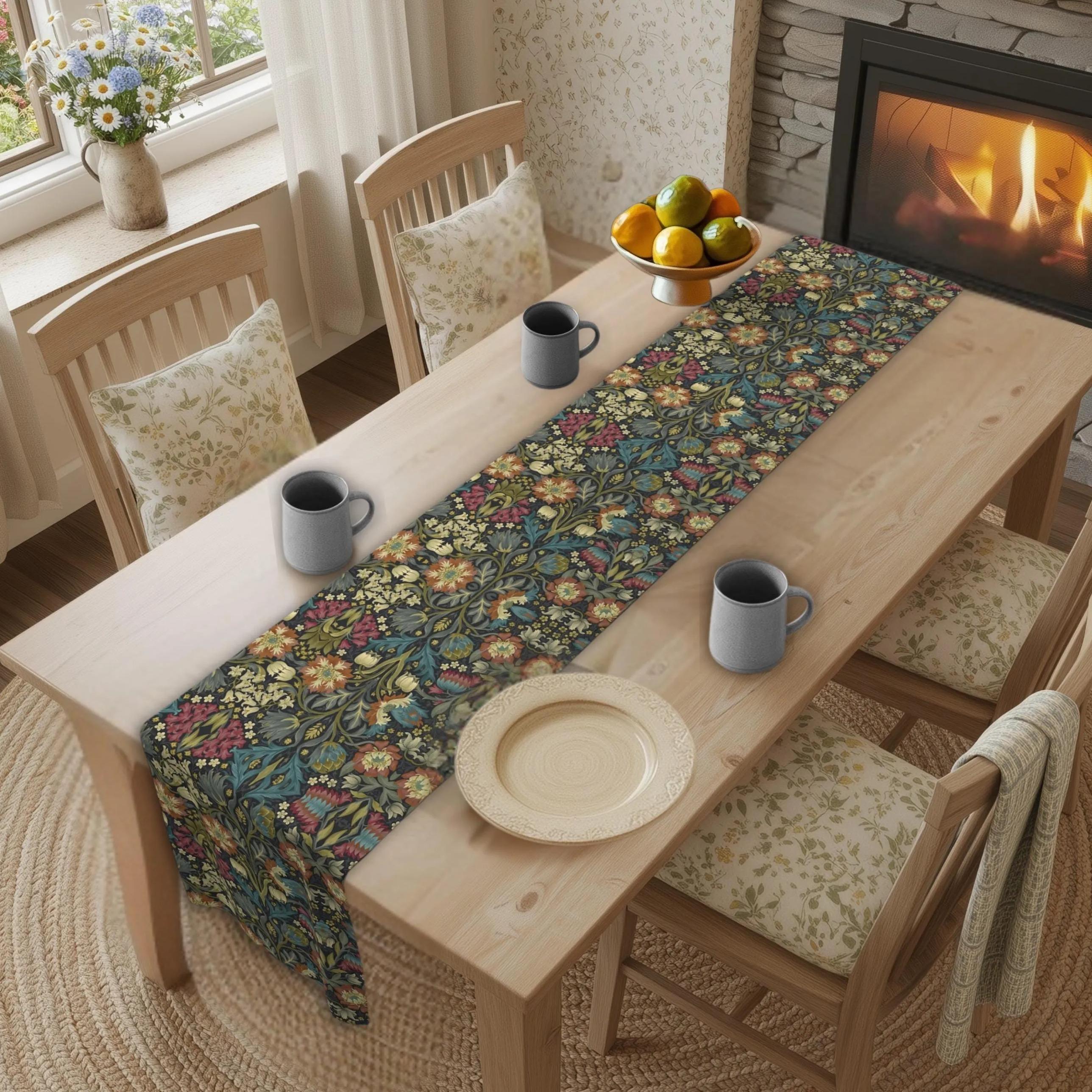 William Morris Inspired Table Runner: Midnight Navy Botanical Design