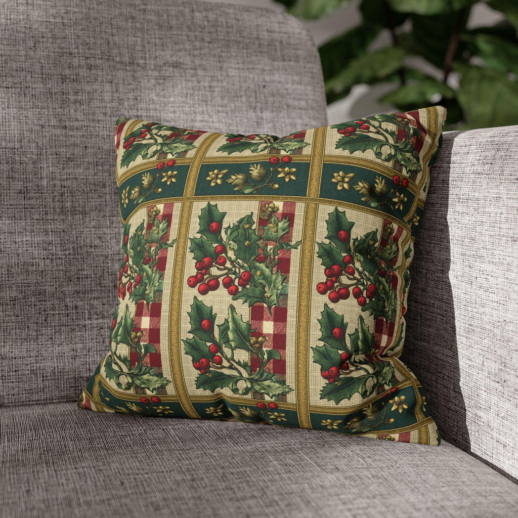 Gingham & Holly Christmas Pillow Cover:  Classic Vintage Holiday Style with Stripes