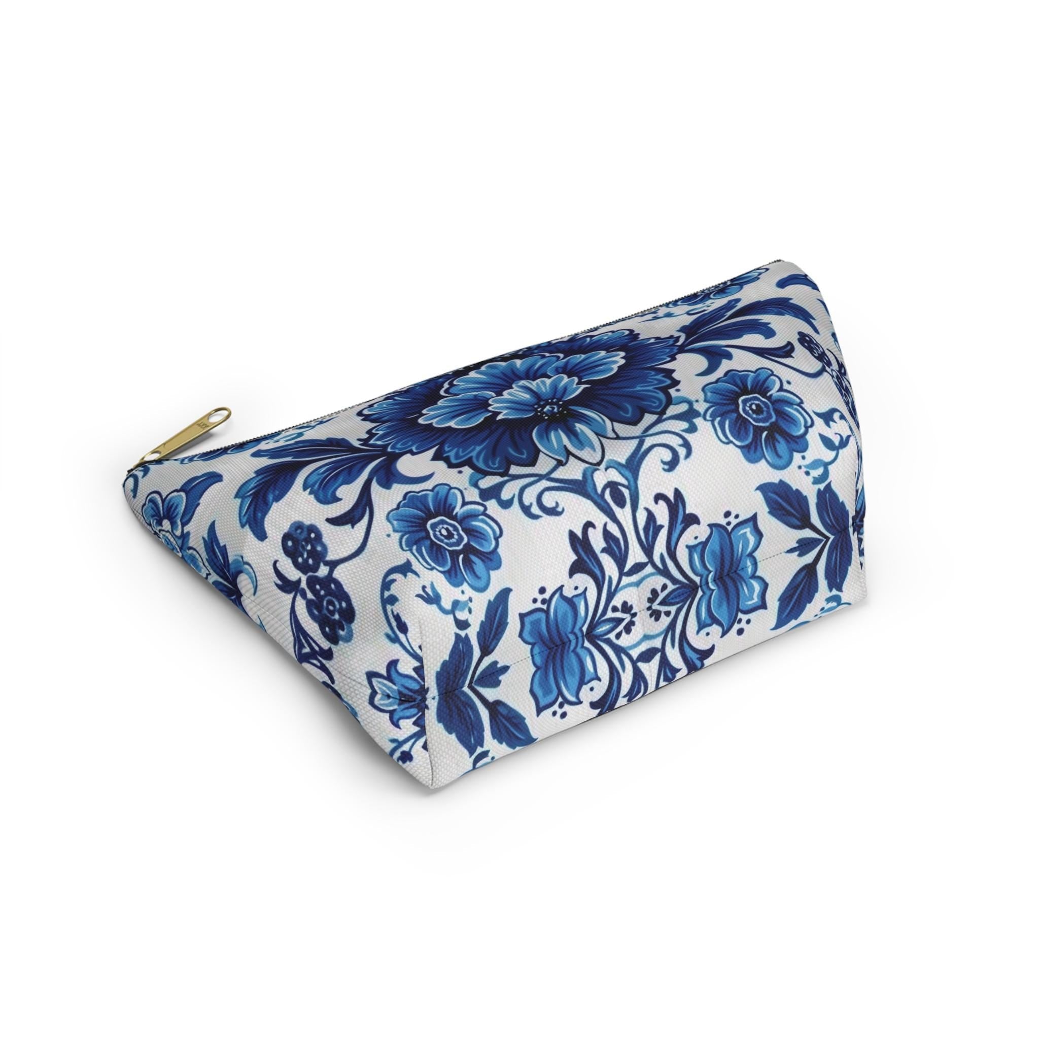 Elegant Blue Floral Accessory Pouch: Boho Makeup Bag & Travel Organizer with Porcelain Pattern