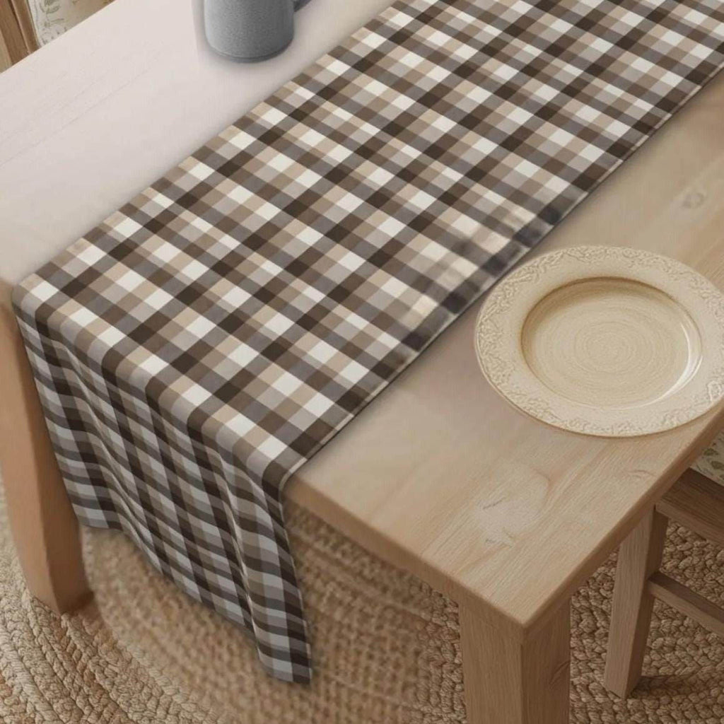 Neutral Brown Gingham Plaid Table Runner: Farmhouse Buffalo Check Accent