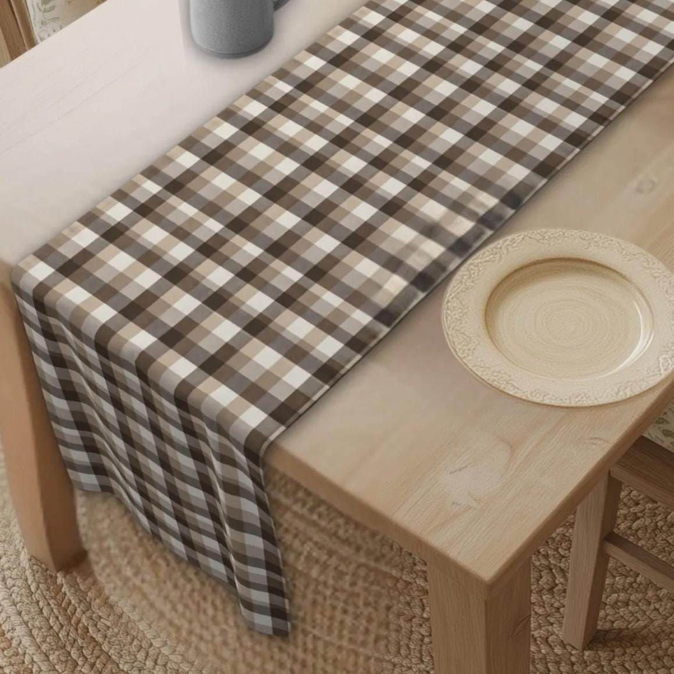 Neutral Brown Gingham Plaid Table Runner: Farmhouse Buffalo Check Accent