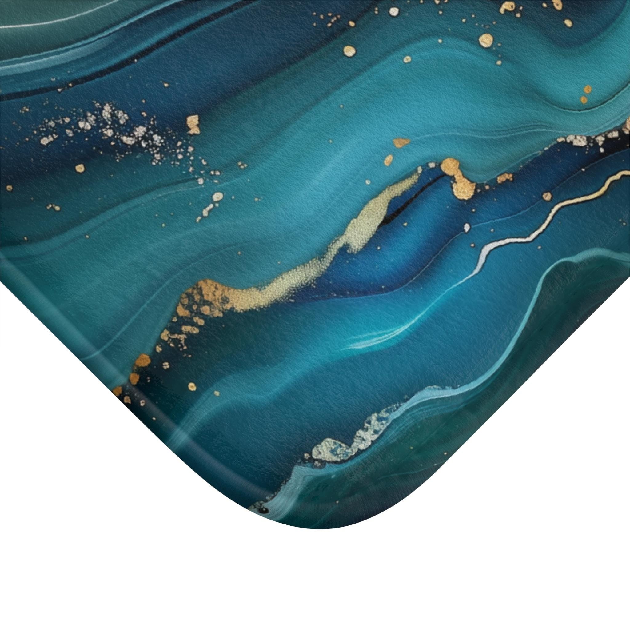 Elegant Teal & Gold Ocean Wave Bath Mat: Abstract Bathroom Decor, Luxury Spa Floor Accent