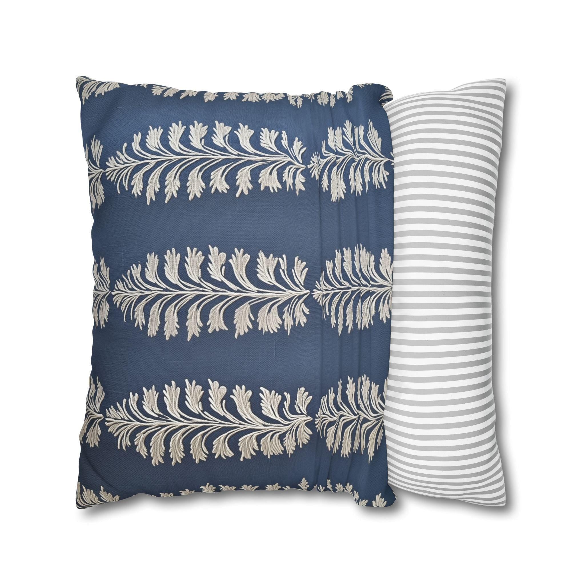 Slate Blue Botanical Pillow Cover: Ivory Leaf Stripe, Farmhouse Decor