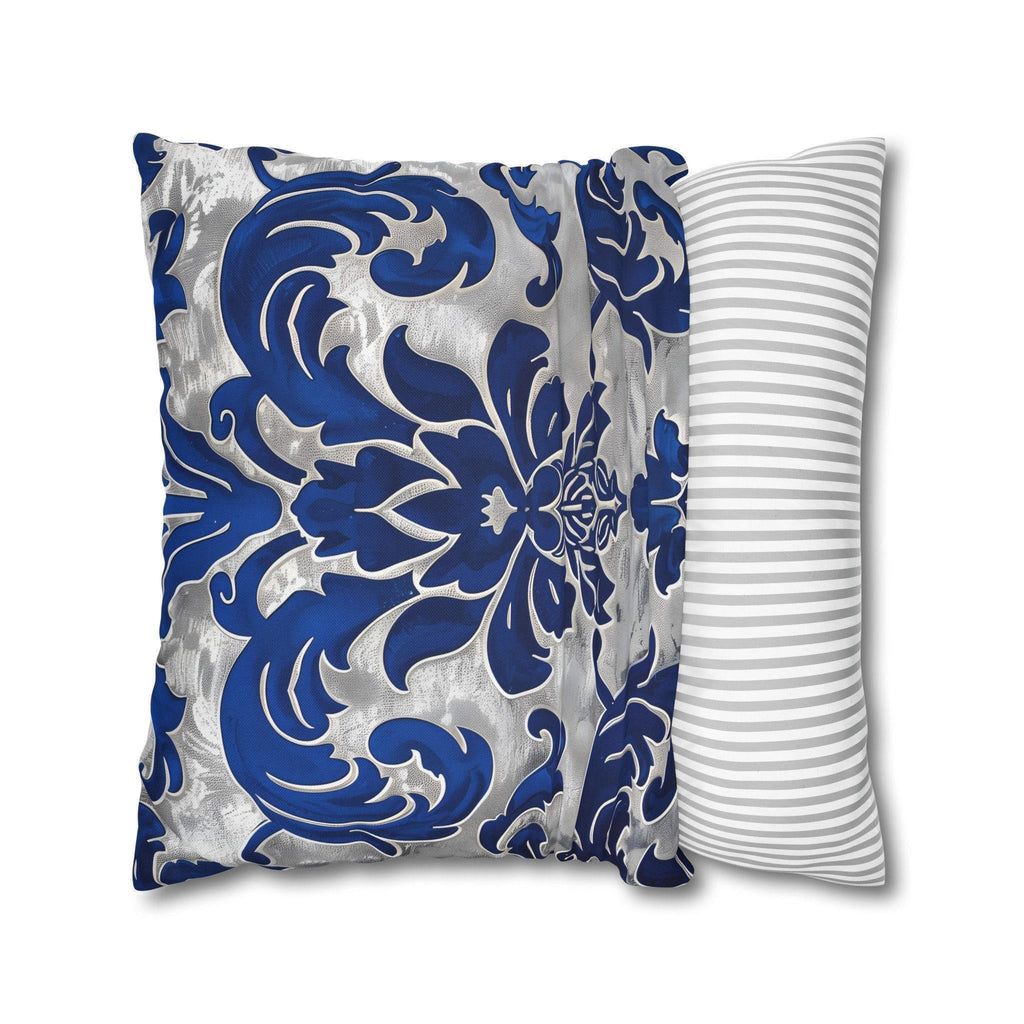 Baroque Royal Blue Floral Pillow Cover: Elegant Silver Accent