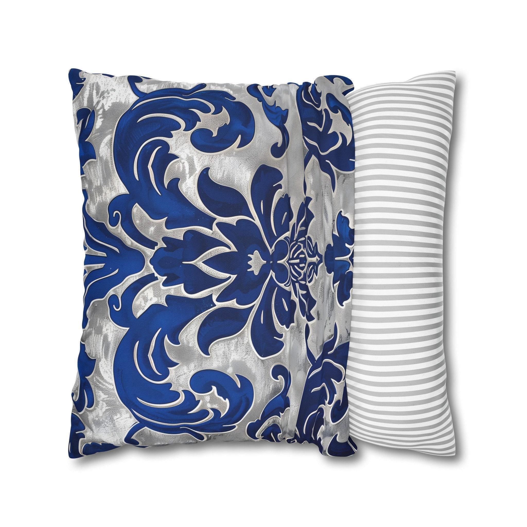 Baroque Royal Blue Floral Pillow Cover: Elegant Silver Accent