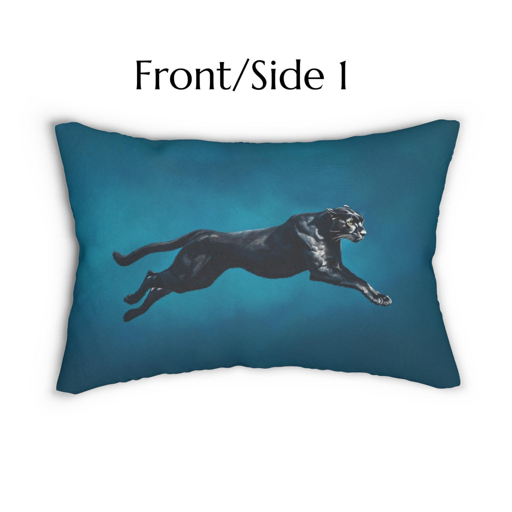 Midnight Pounce Lumbar Pillow: Black Puma on Sapphire-Blue Jewel Tone