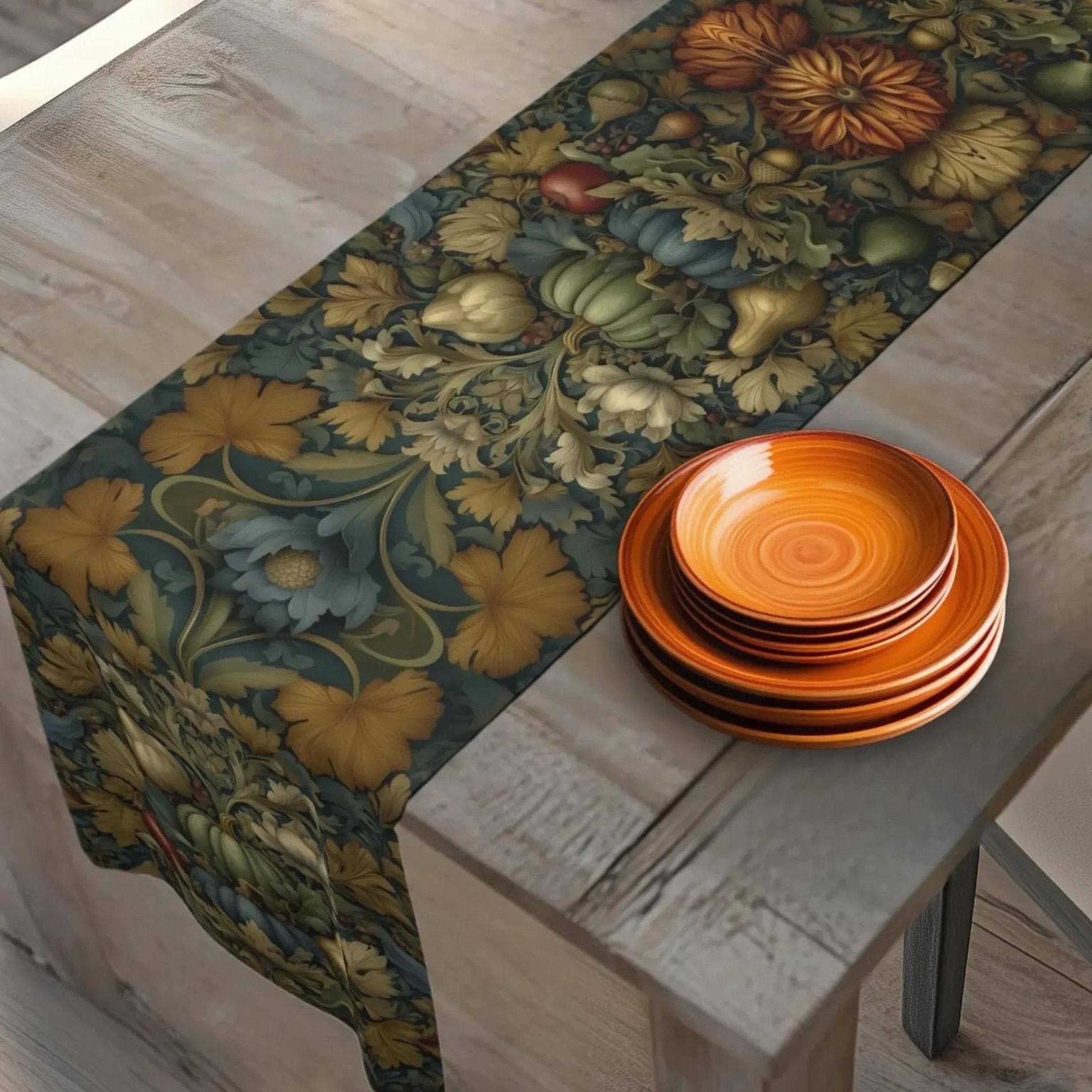 William Morris Inspired Table Runner: Autumn Harvest Thanksgiving Decor with Vintage Flair