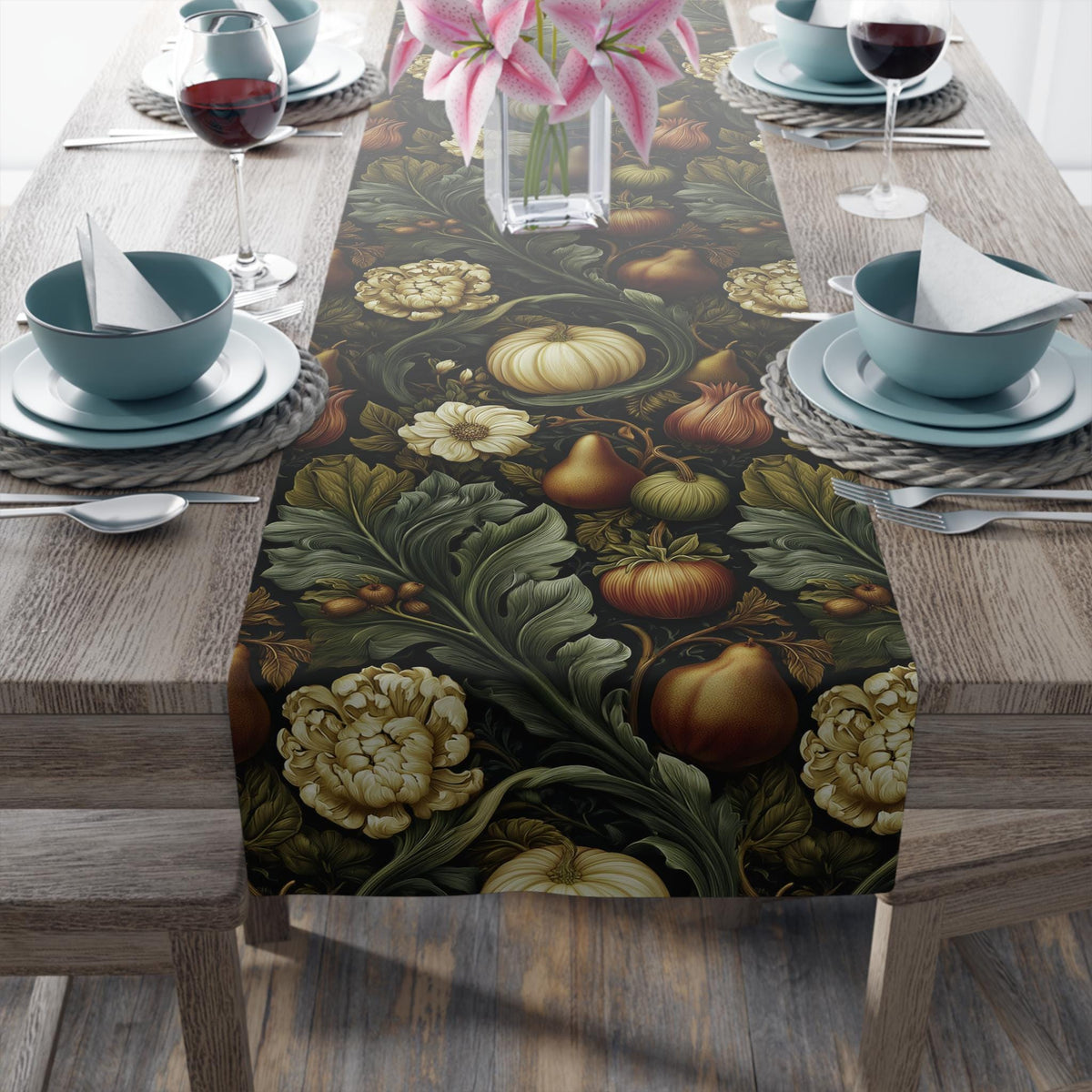 William Morris Inspired Fall Table Runner: Vintage Style in Olive, Cream, and Russet