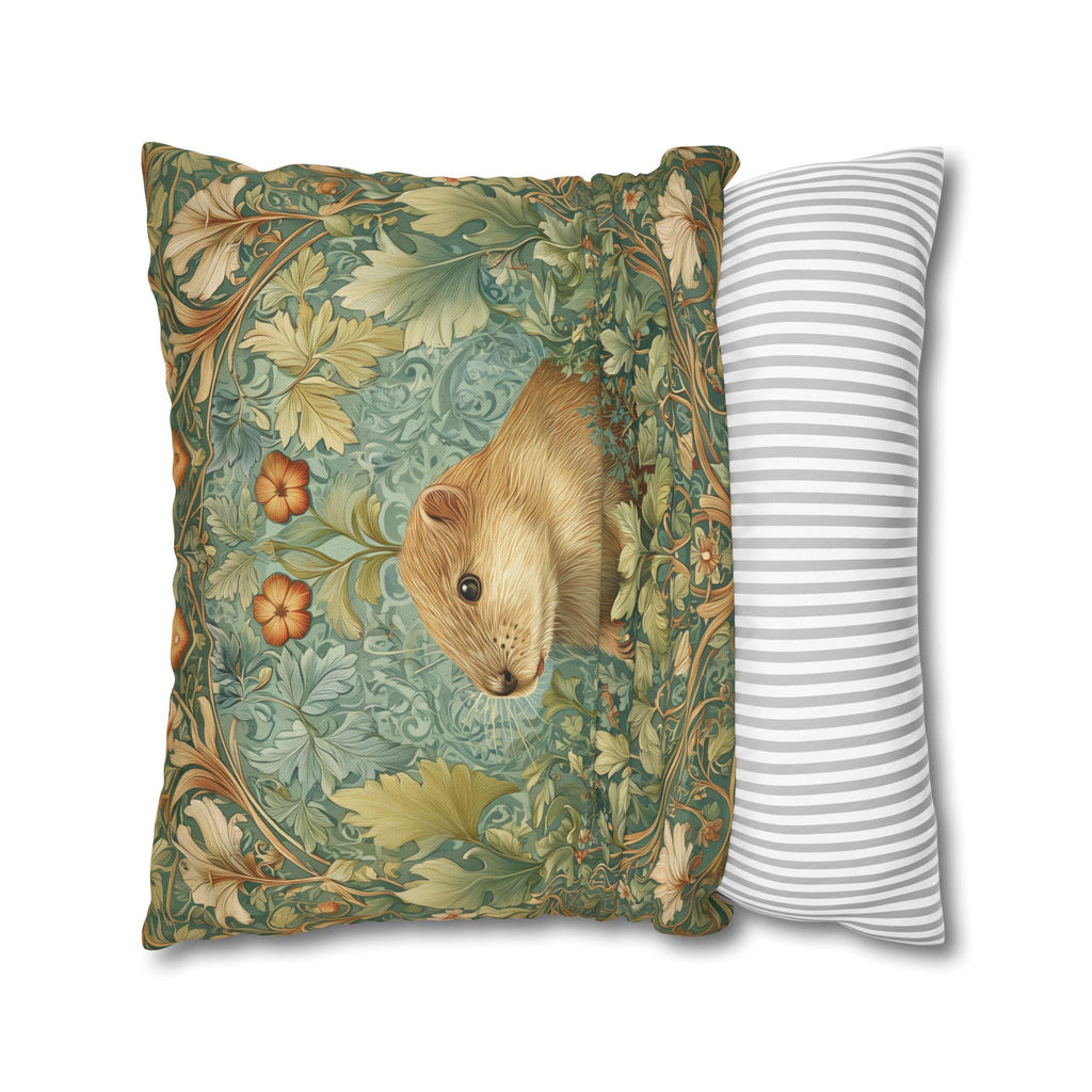 William Morris Inspired Beaver Pillow Cover: Woodland Cushion with Botanical Frame and Earthy Design