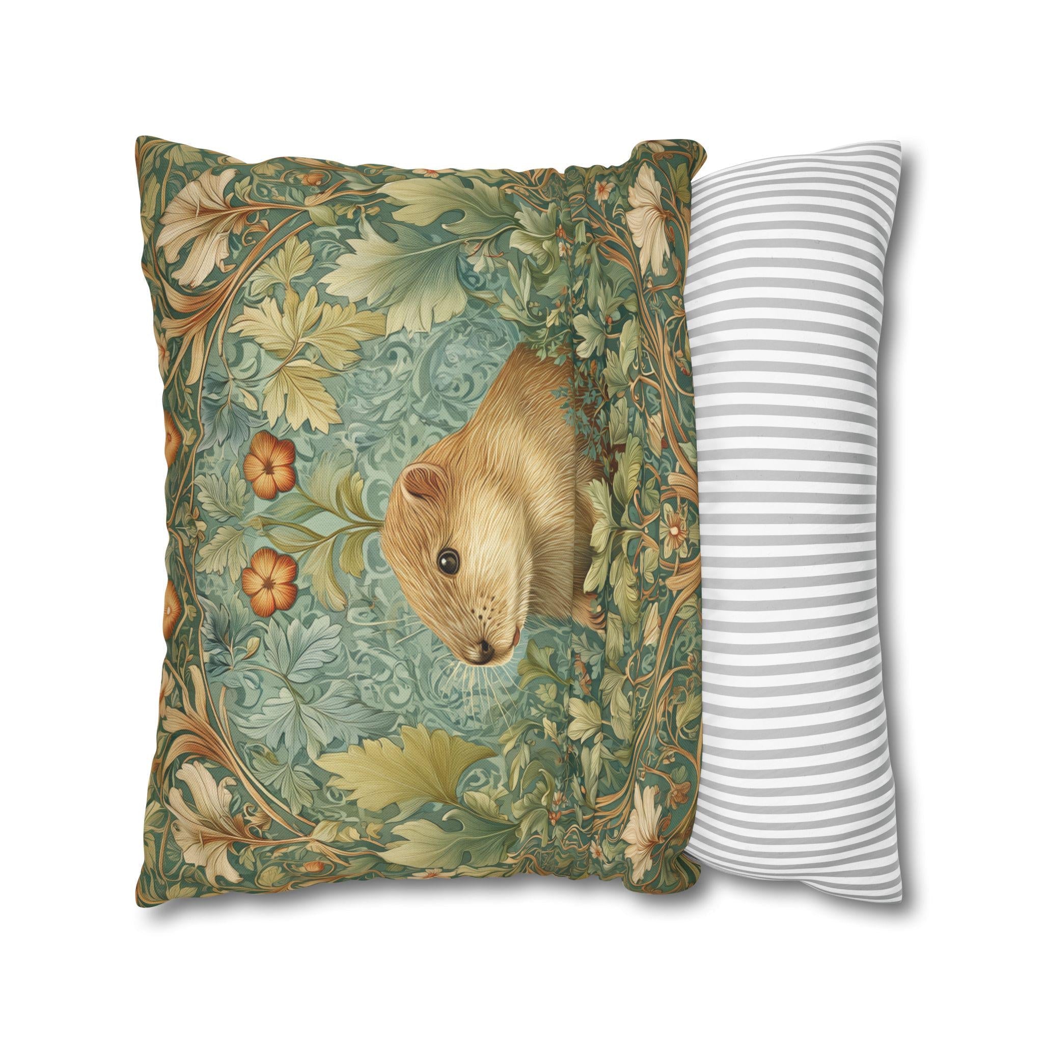 William Morris Inspired Beaver Pillow Cover: Woodland Cushion with Botanical Frame and Earthy Design