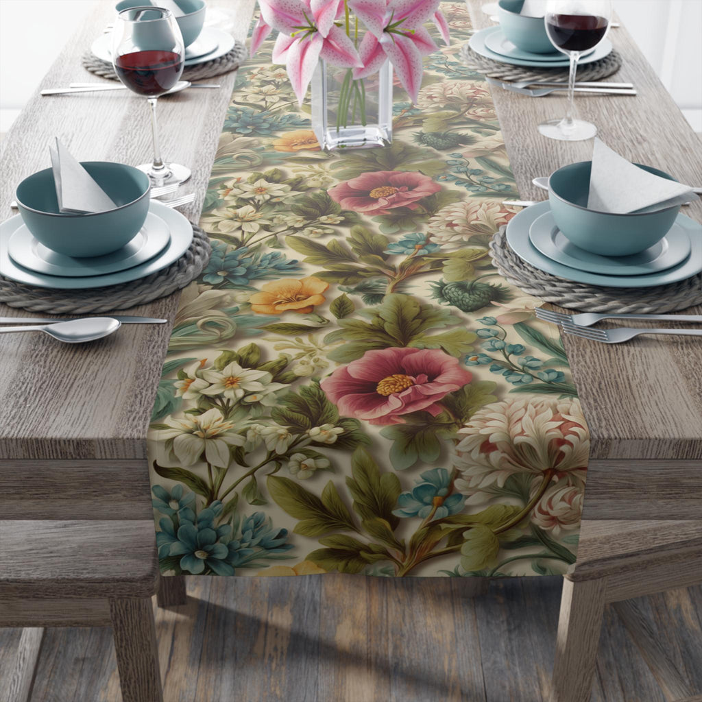 Watercolor Pastel Floral Table Runner:  Botanical Spring Garden Sage Pink Blue