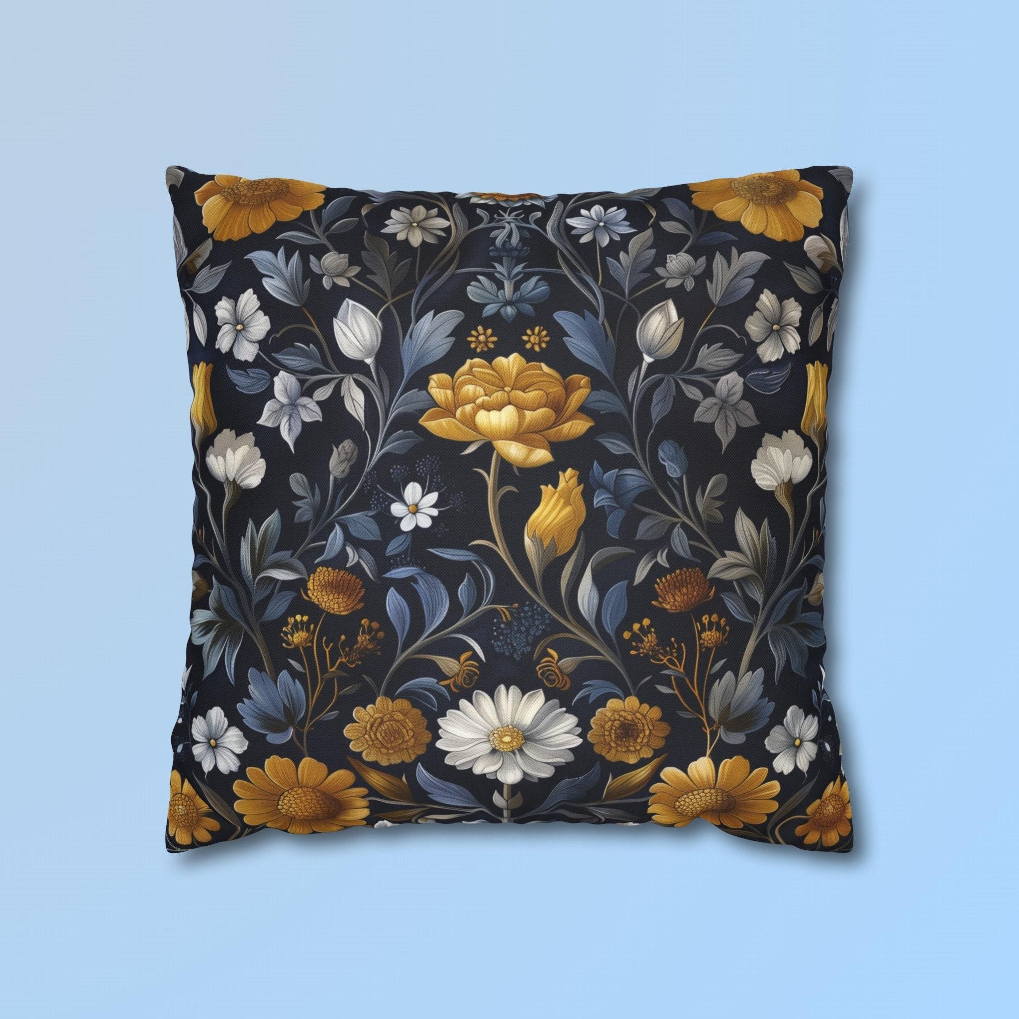 Elegant William Morris Inspired Floral Pillow Cover: Dark Background with Daisies, Tulips & Chrysanthemums
