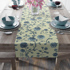 Teal Floral Chinoiserie Table Runner: Elegant Botanical Dining Decor on Buttery Yellow