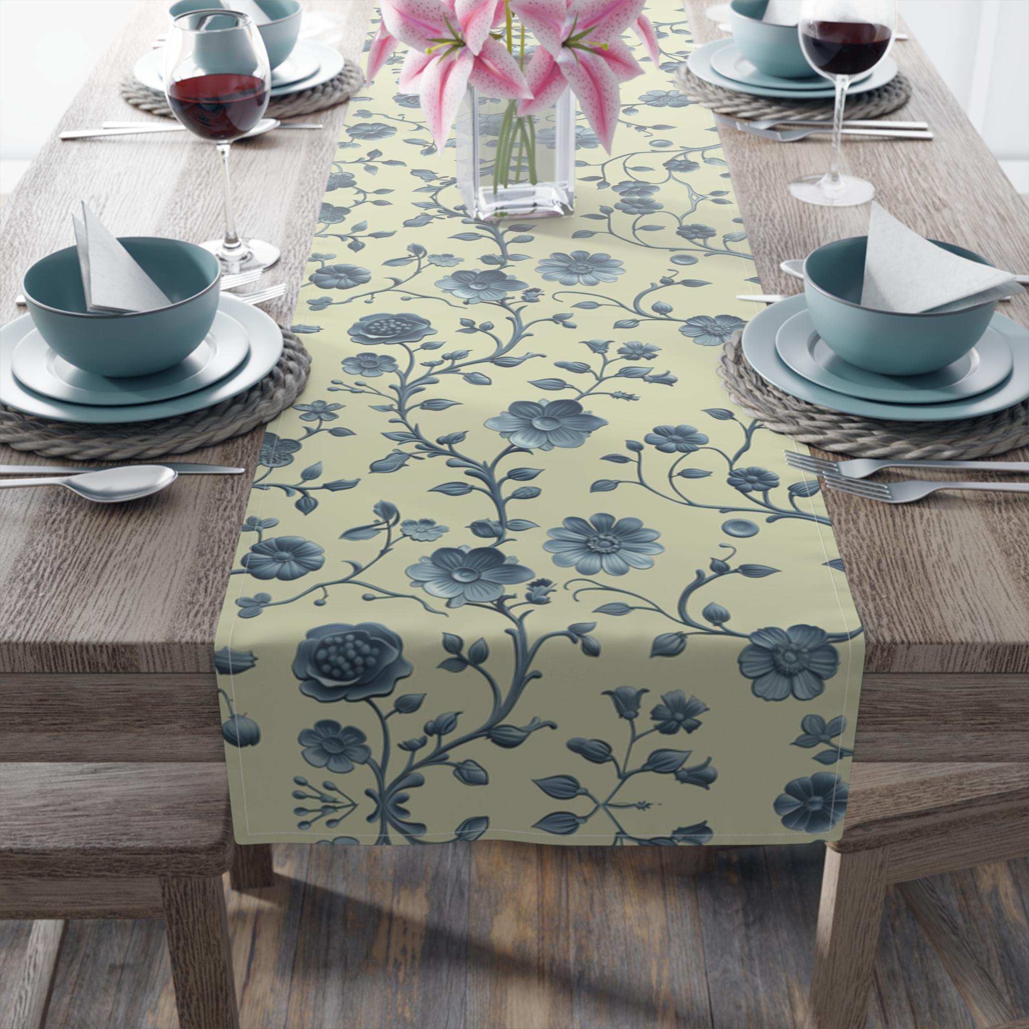 Teal Floral Chinoiserie Table Runner: Elegant Botanical Dining Decor on Buttery Yellow