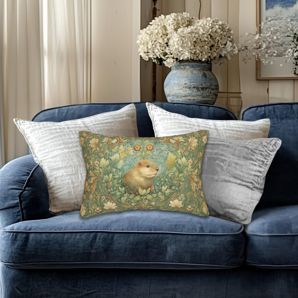 Beaver Lumbar Pillow: William Morris Inspired Woodland Nature Cushion