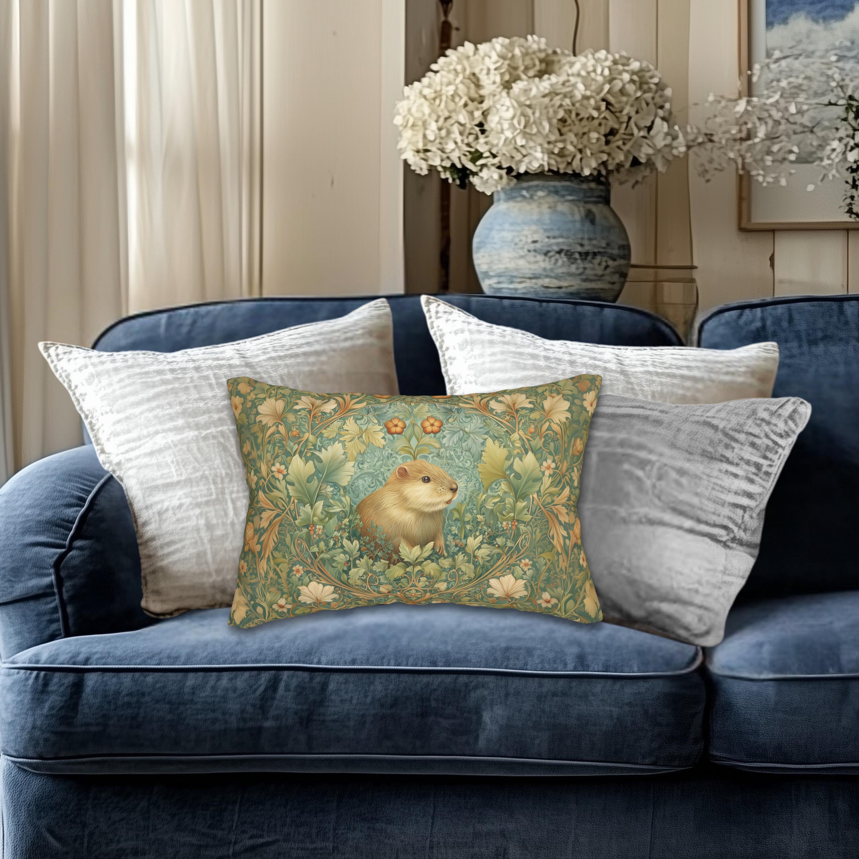 Beaver Lumbar Pillow: William Morris Inspired Woodland Nature Cushion