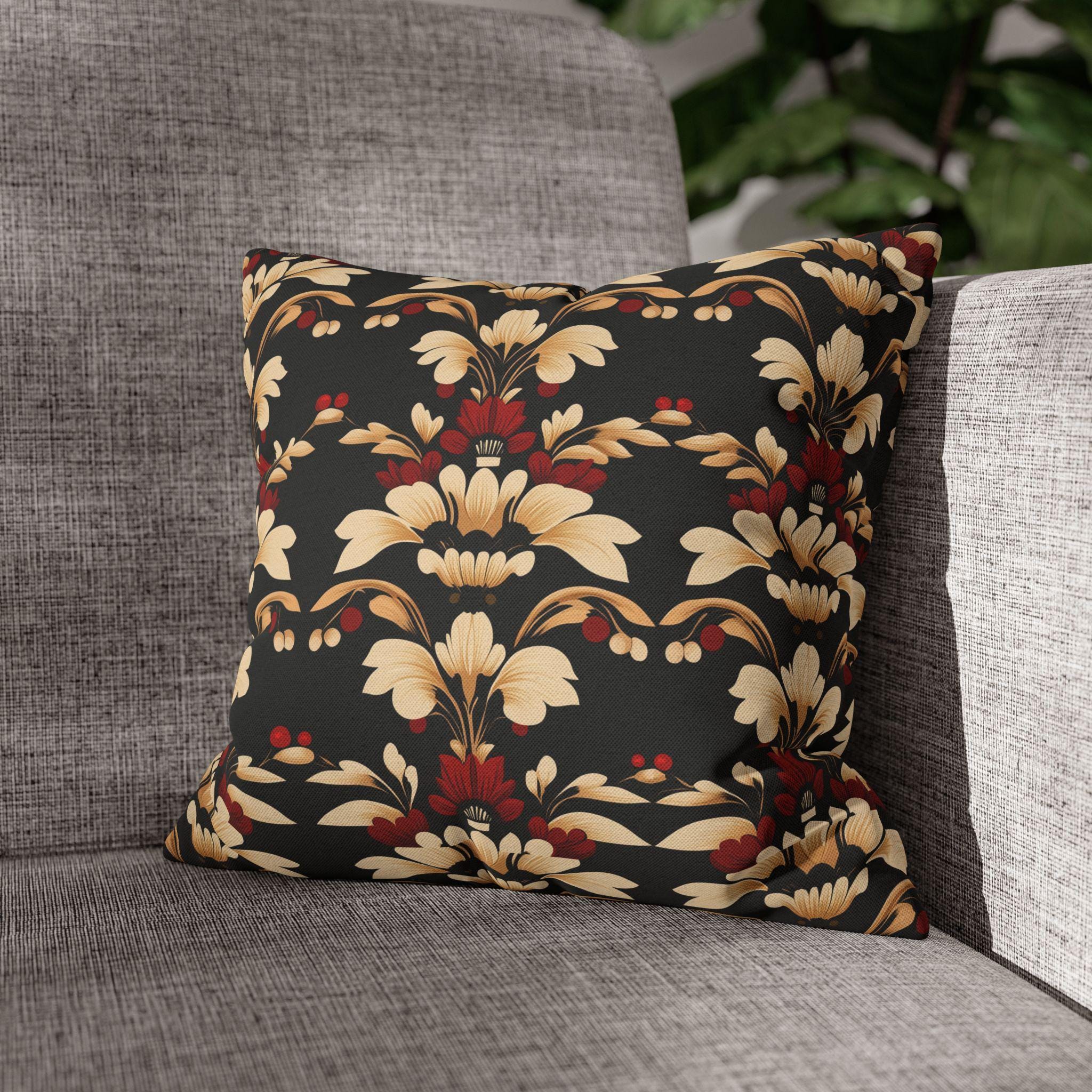 Vintage Style Floral Art Deco Throw Pillow Cover, Cream Red Gold