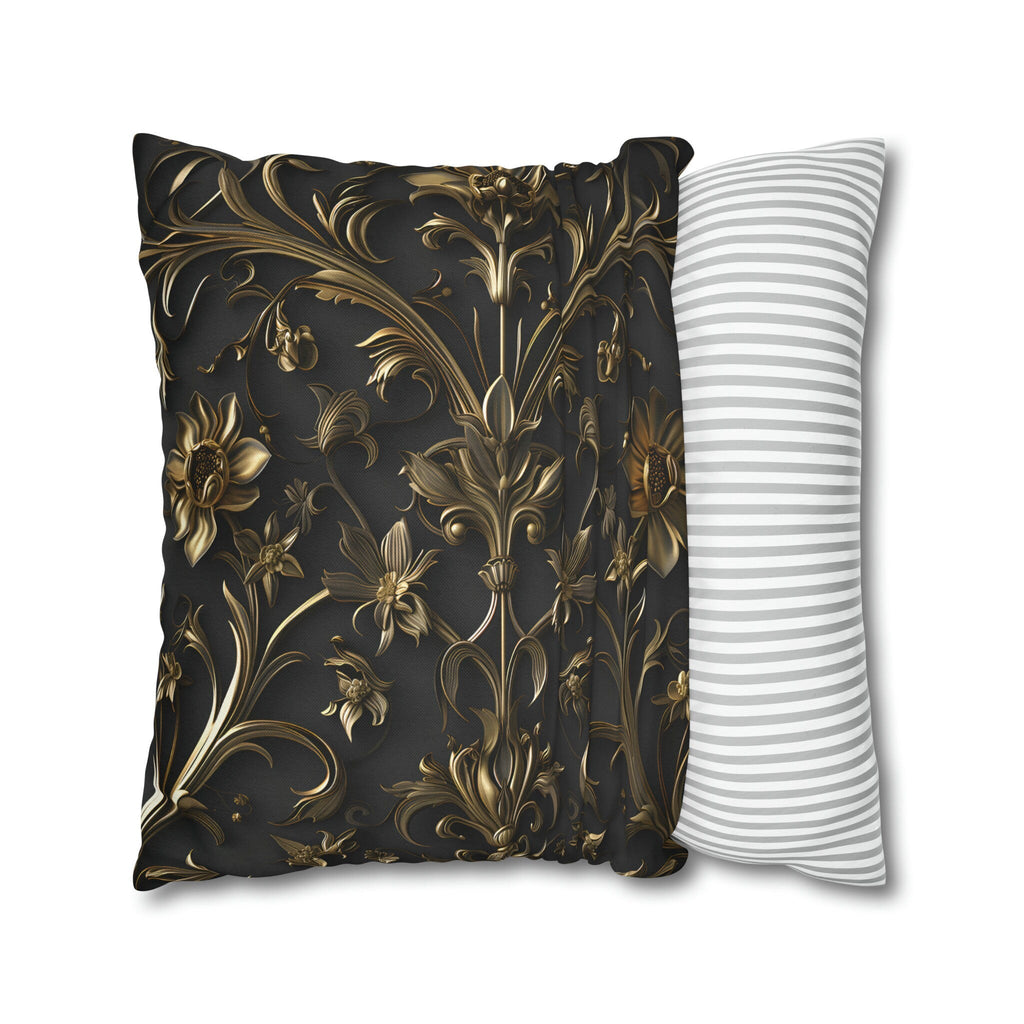 Luxurious Italian Baroque Pillow Cover: Golden Floral on Charcoal for Elegant Home Decor