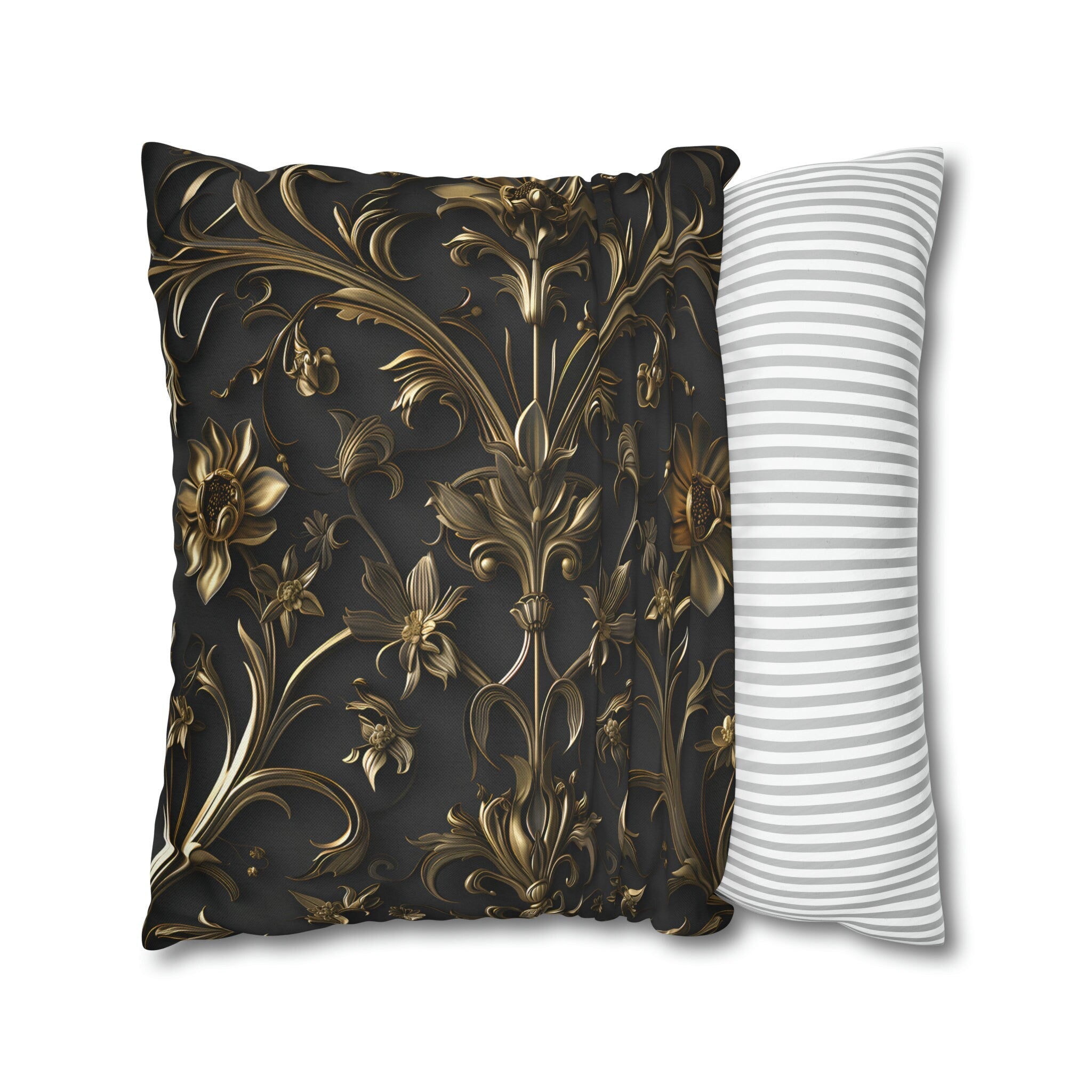 Luxurious Italian Baroque Pillow Cover: Golden Floral on Charcoal for Elegant Home Decor