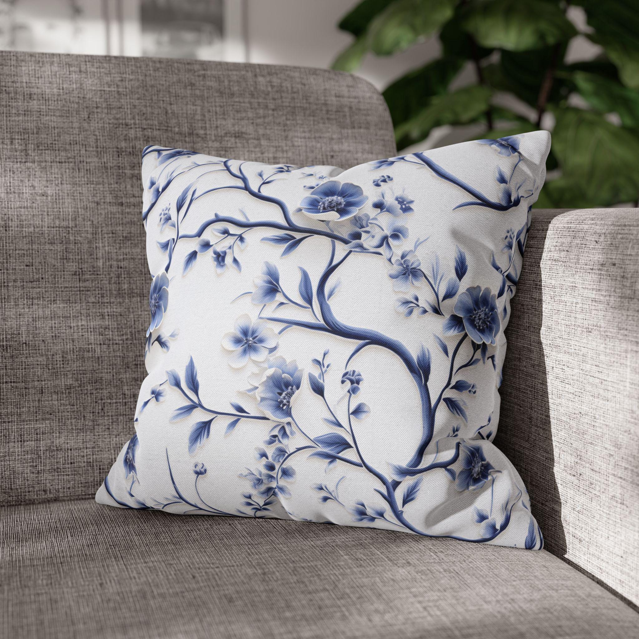 Elegant Chinoiserie Pillowcase: Blue & White Floral Cushion Cover Inspired by Vintage Chinese Porcelain Art