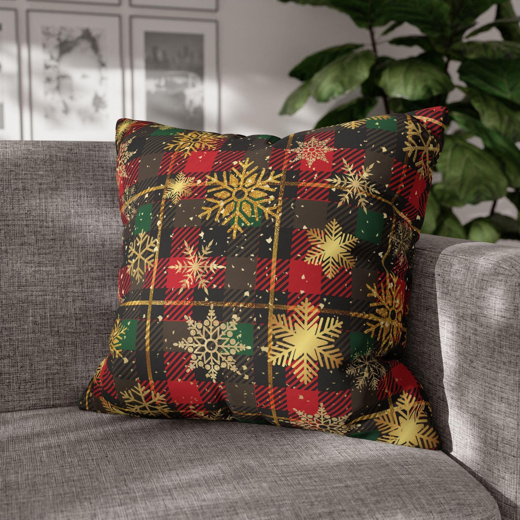 Christmas Plaid Pillow Cover, Gold Snowflakes, Festive Home Decor
