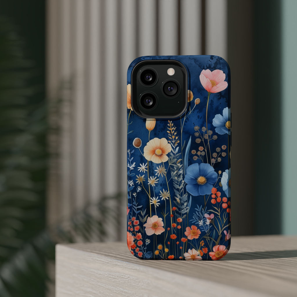 Blue Wildflower MagSafe iPhone Case: Dreamy Floral Design 14 15 16 Pro Plus Max