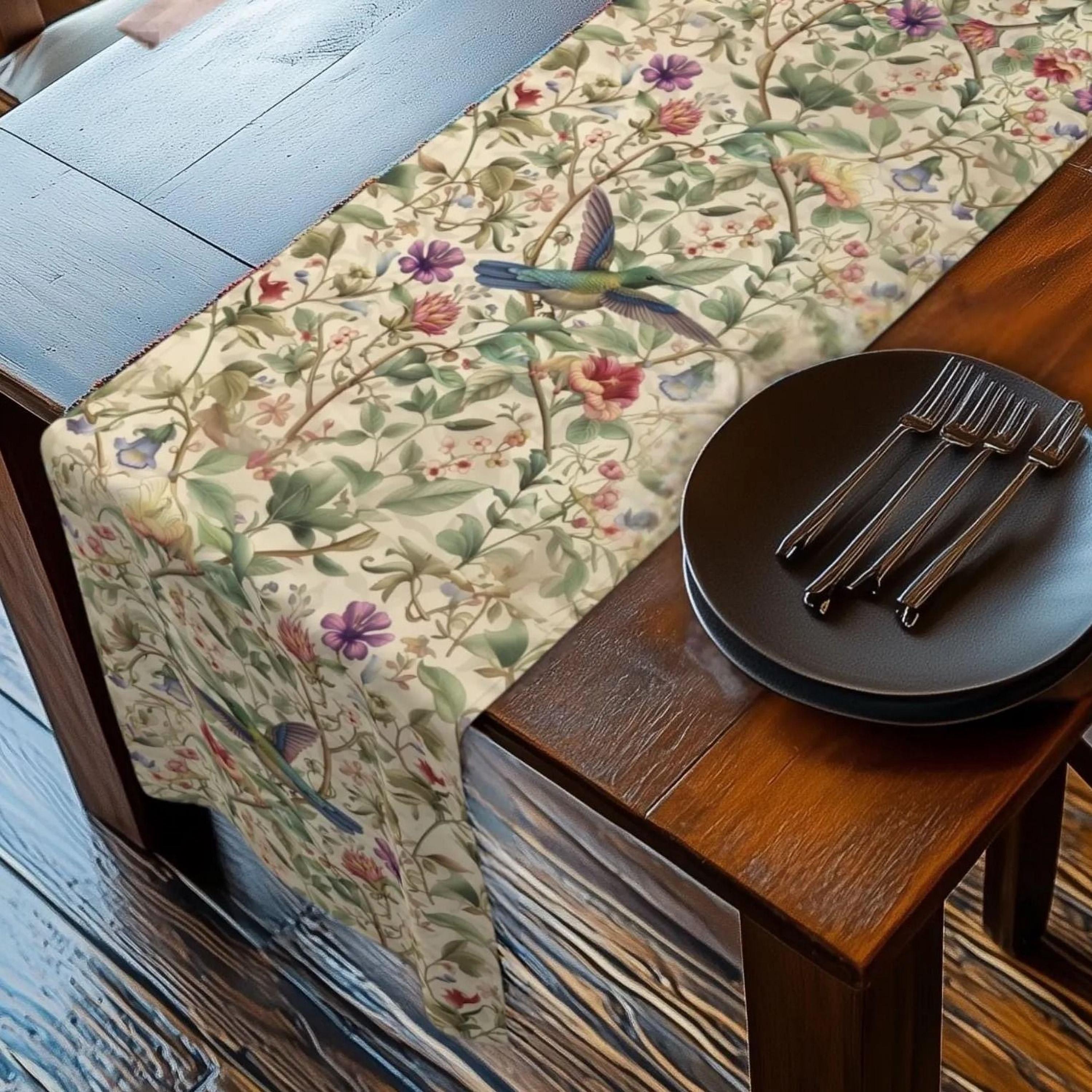 William Morris Table Runner: Vintage Style Floral Hummingbird Decor