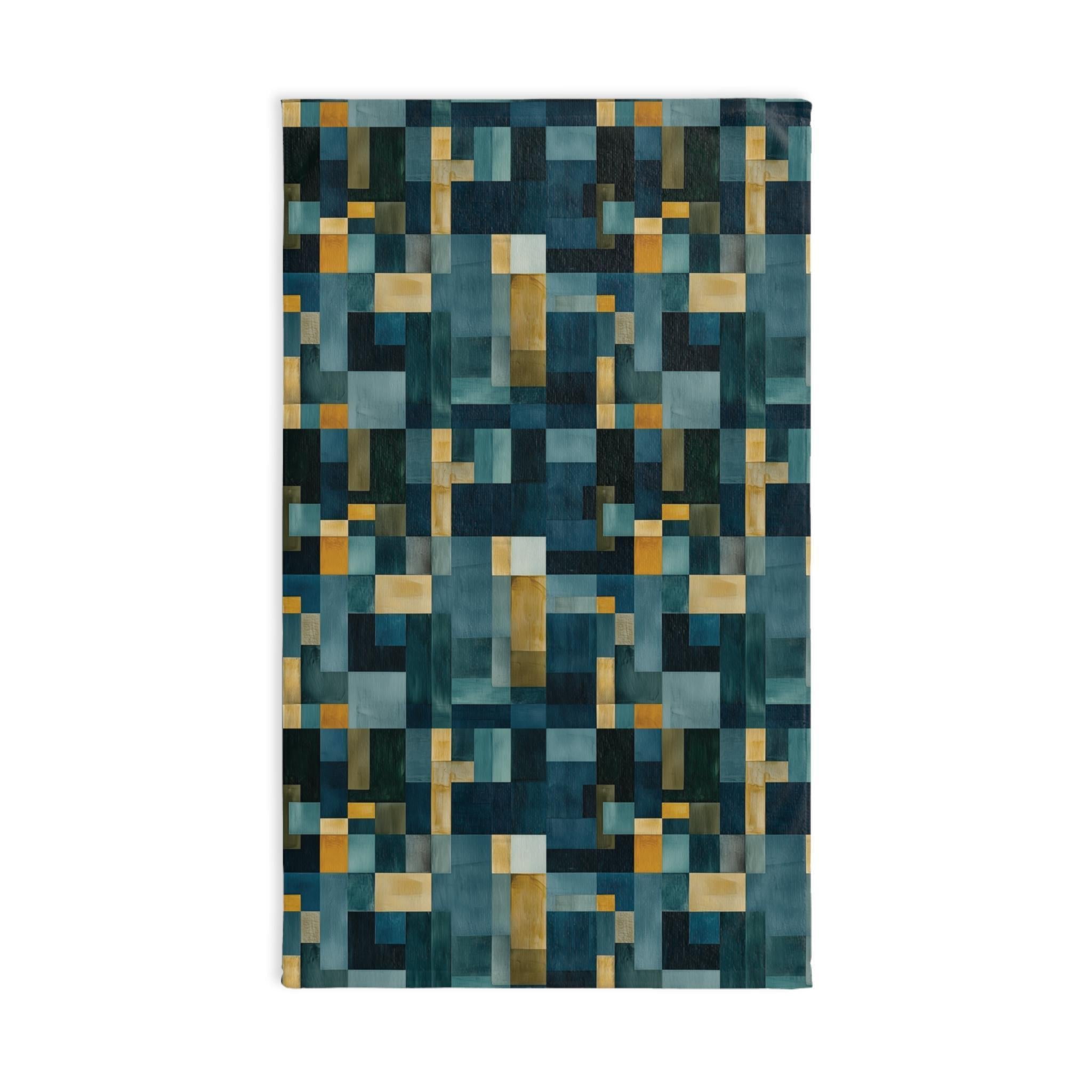 Geometric Abstract Hand Towel: Blue & Earthy Tones, Modern Rustic Decor, Hand-painted Effect