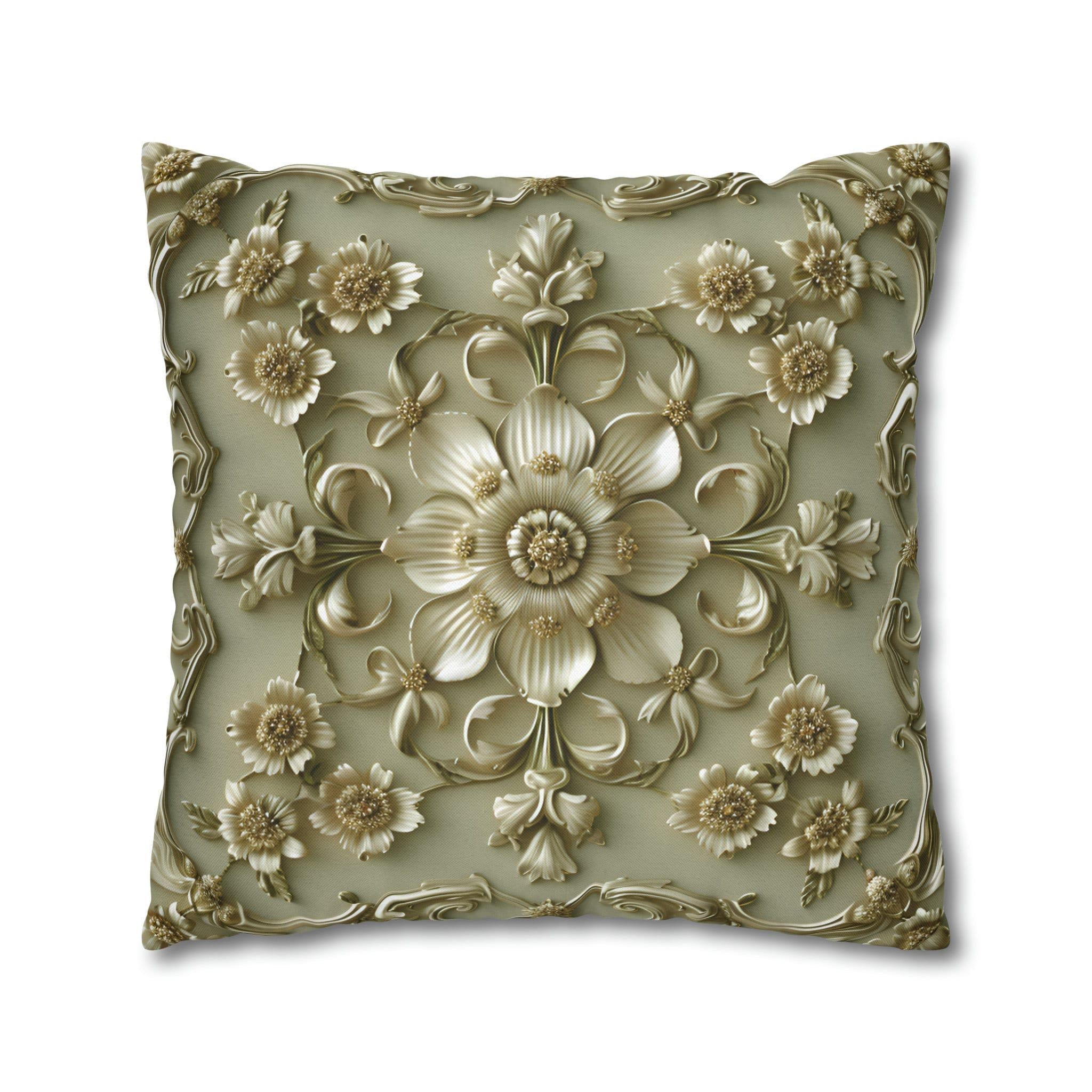 French Floral Pillow Cover: Sage Green & Gold Bloom Cushion