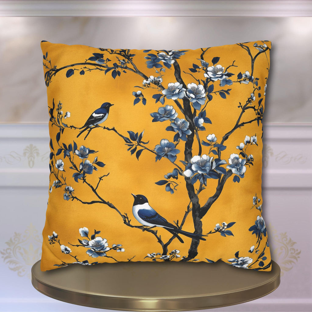 Elegant Chinoiserie Bird Pillow Cover: Golden Yellow & Blue Floral Cushion Case for Eclectic Decor