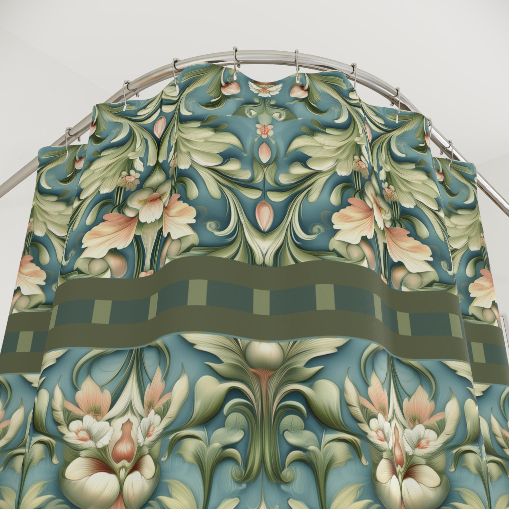 William Morris Inspired Botanical Shower Curtain: Vintage Teal Sage Peach Floral Bathroom Decor