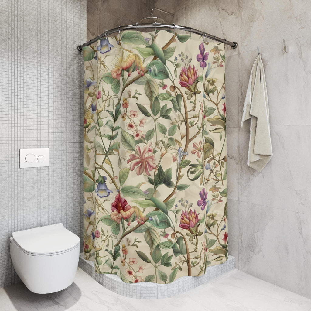 William Morris Shower Curtain: Vintage Botanical Vine and Floral Design on Cream Background