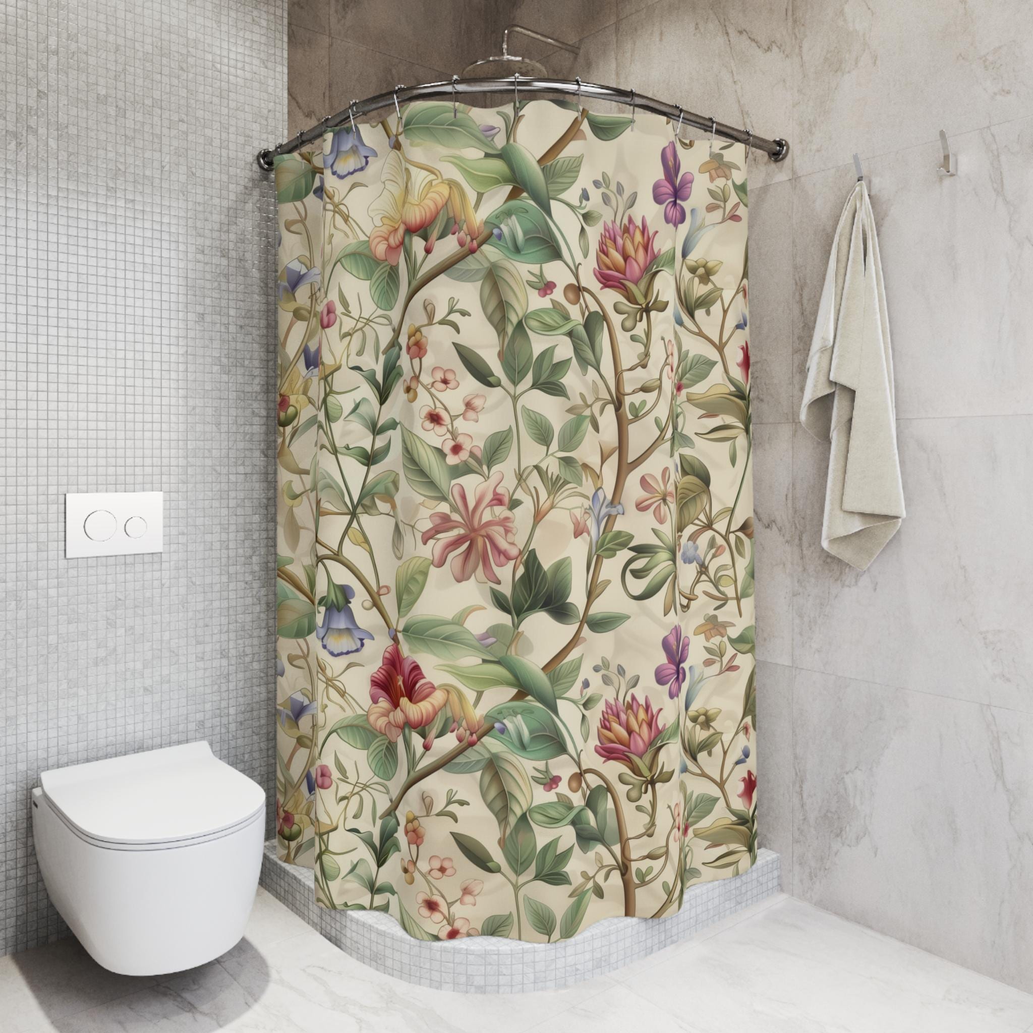 William Morris Shower Curtain: Vintage Botanical Vine and Floral Design on Cream Background