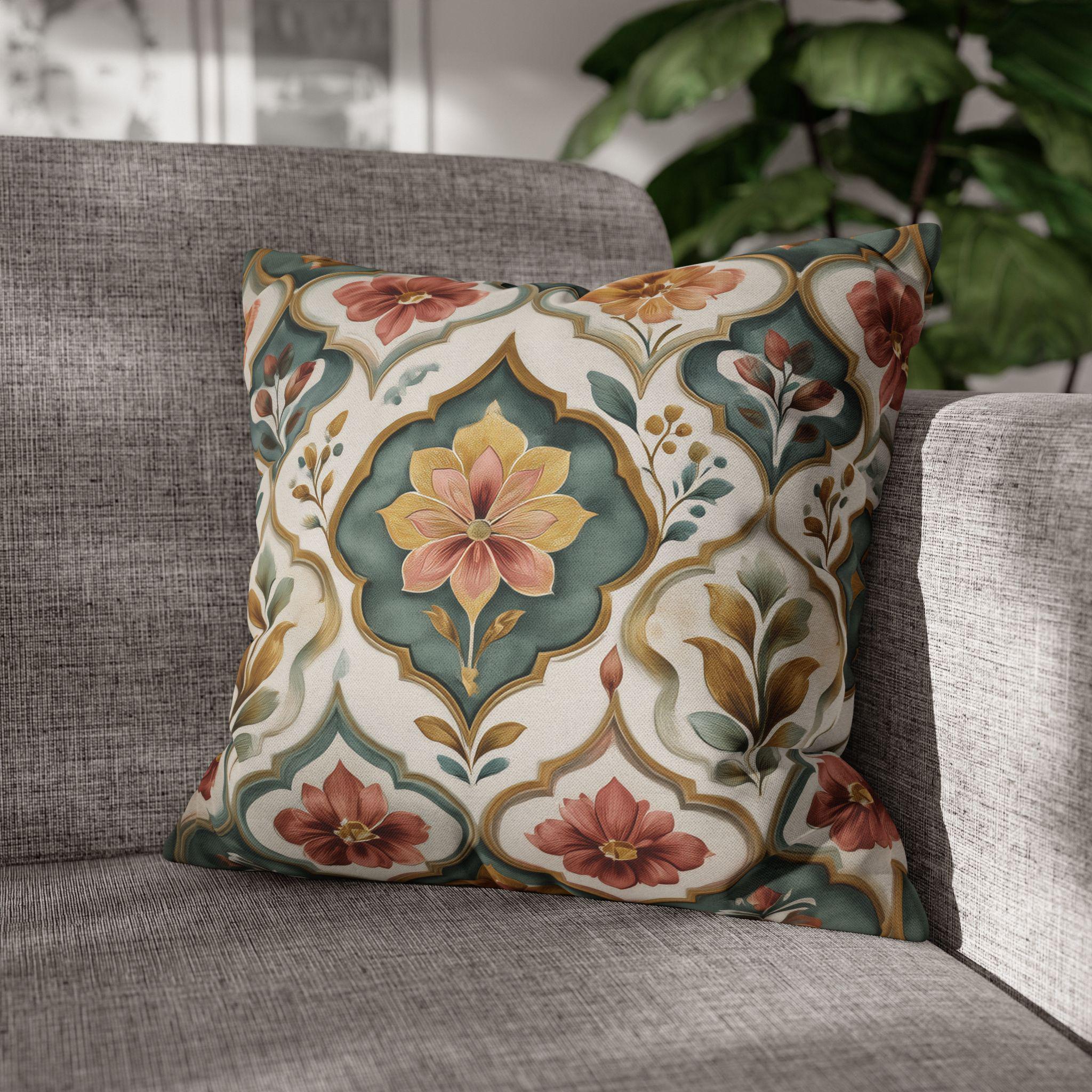 Moroccan Floral Pillow Cover: Teal, Terracotta, Gold Medallion Design